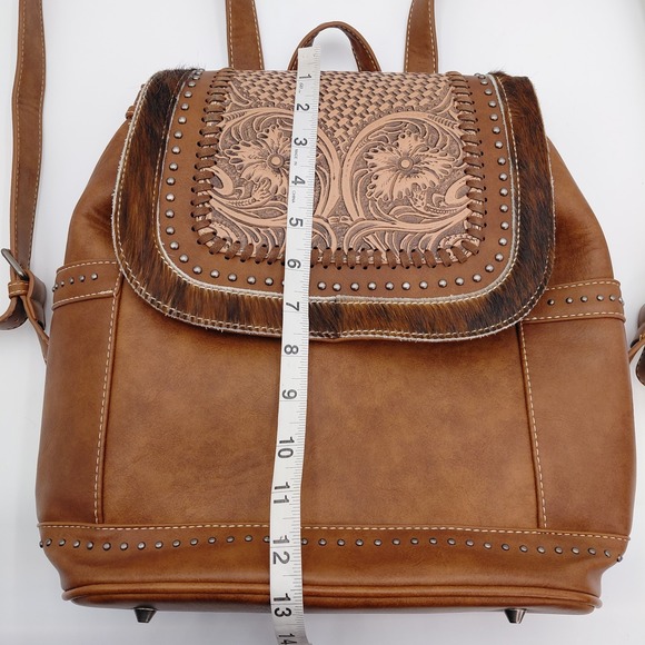 Trinity Ranch Backpack Purse Bag Brown Western Tooled Leather Hyde Hair Rodeo - Picture 7 of 11